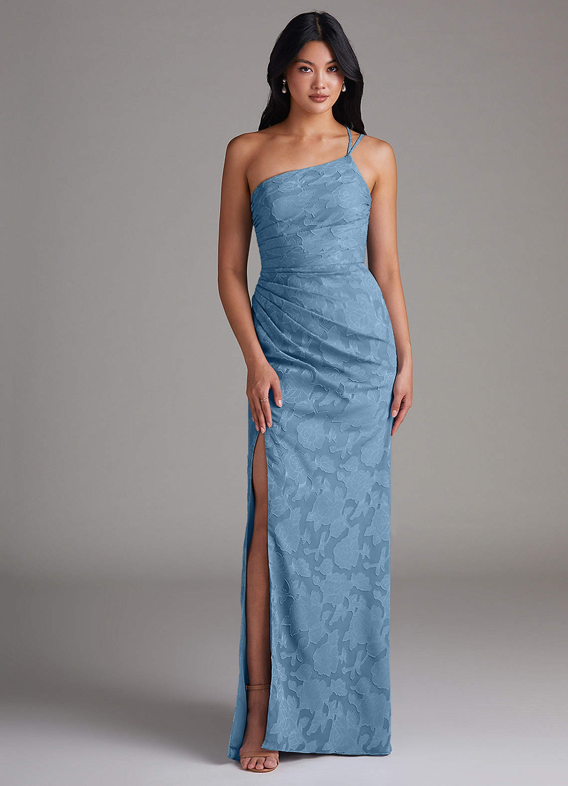 Eren Sheath One-Shoulder Floral Burnout Bridesmaid Dress in Steel Blue