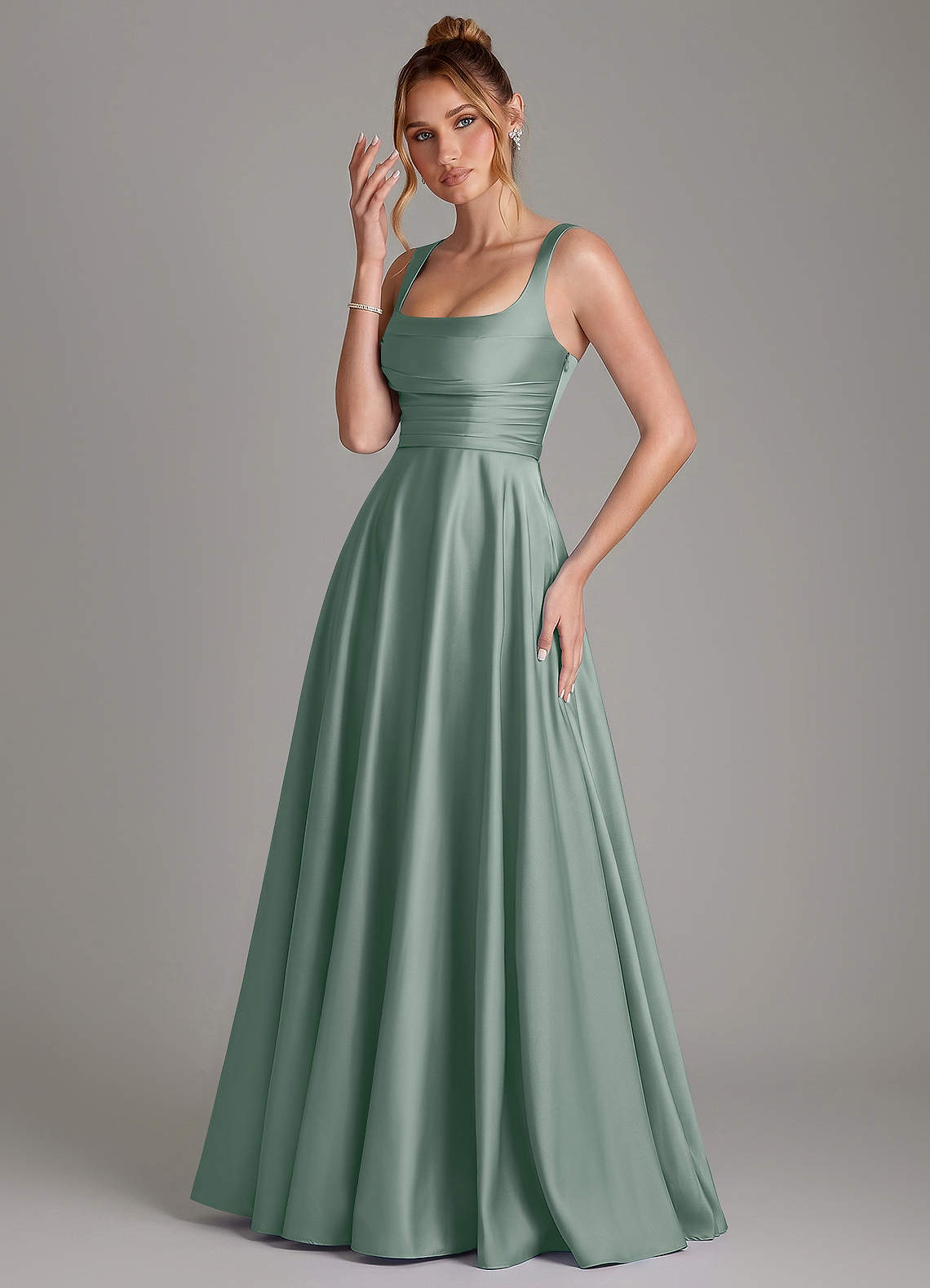 Azaria A-Line Square-Neck Stretch Satin Bridesmaid Dress in Silver Sage