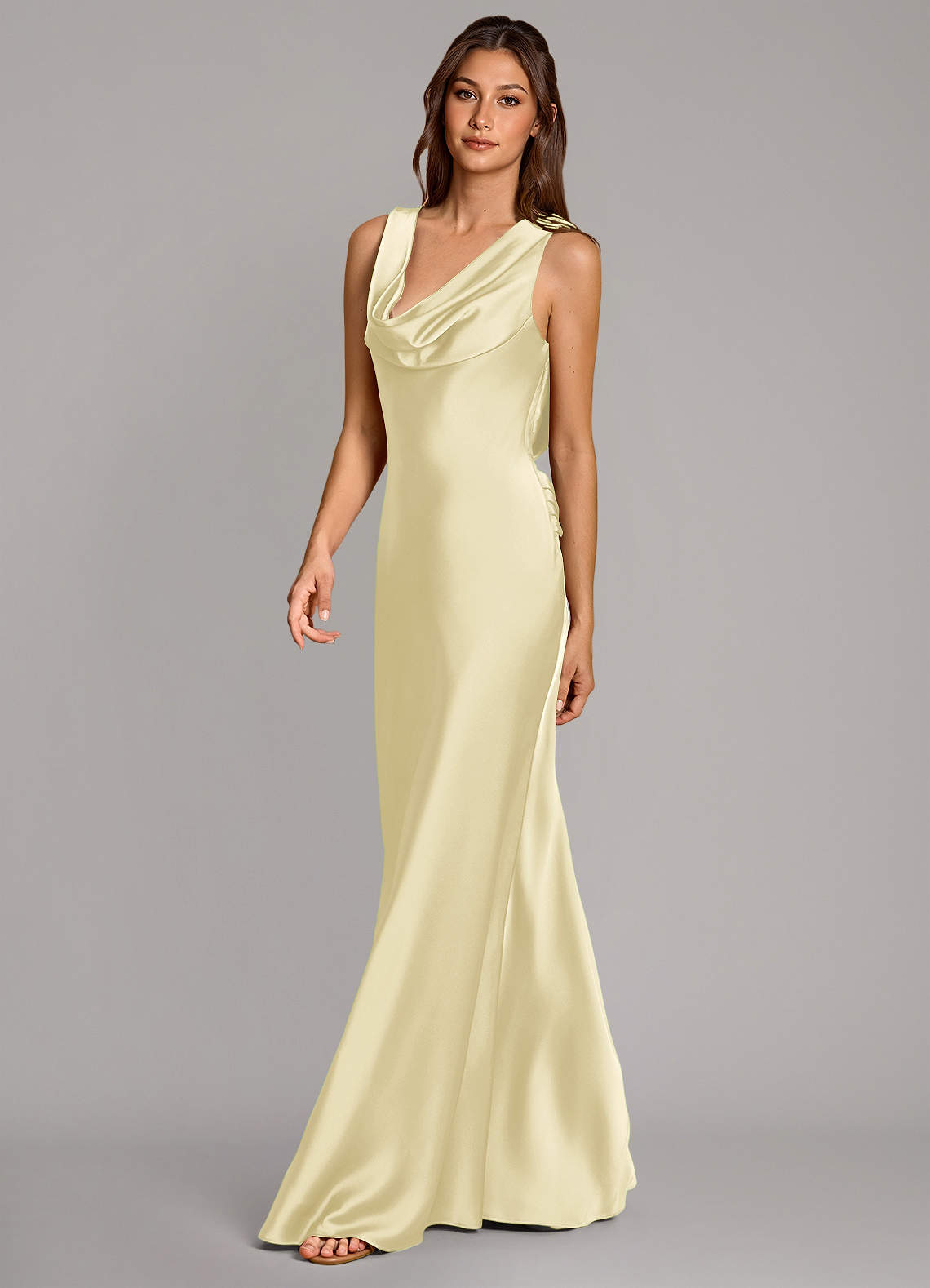 Cheryl Mermaid Cowl-Neck Stretch Satin Bridesmaid Dress in Lemon Sorbet