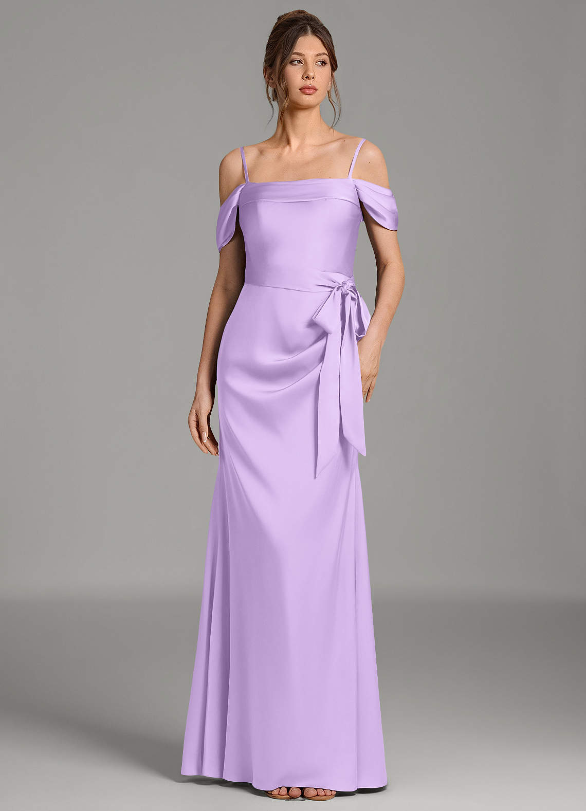 Wyatt Mermaid Off-the-Shoulder Stretch Satin Bridesmaid Dress in Lilac