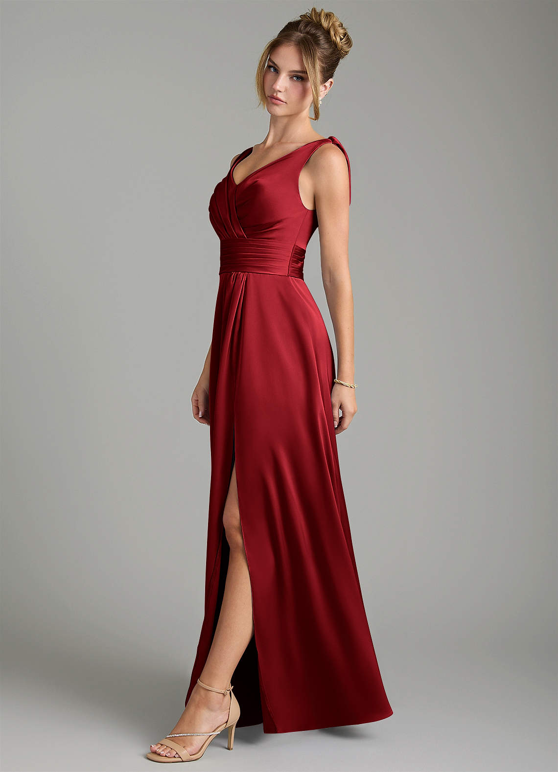 Karina A-Line V-Neck Stretch Satin Bridesmaid Dress in Scarlet