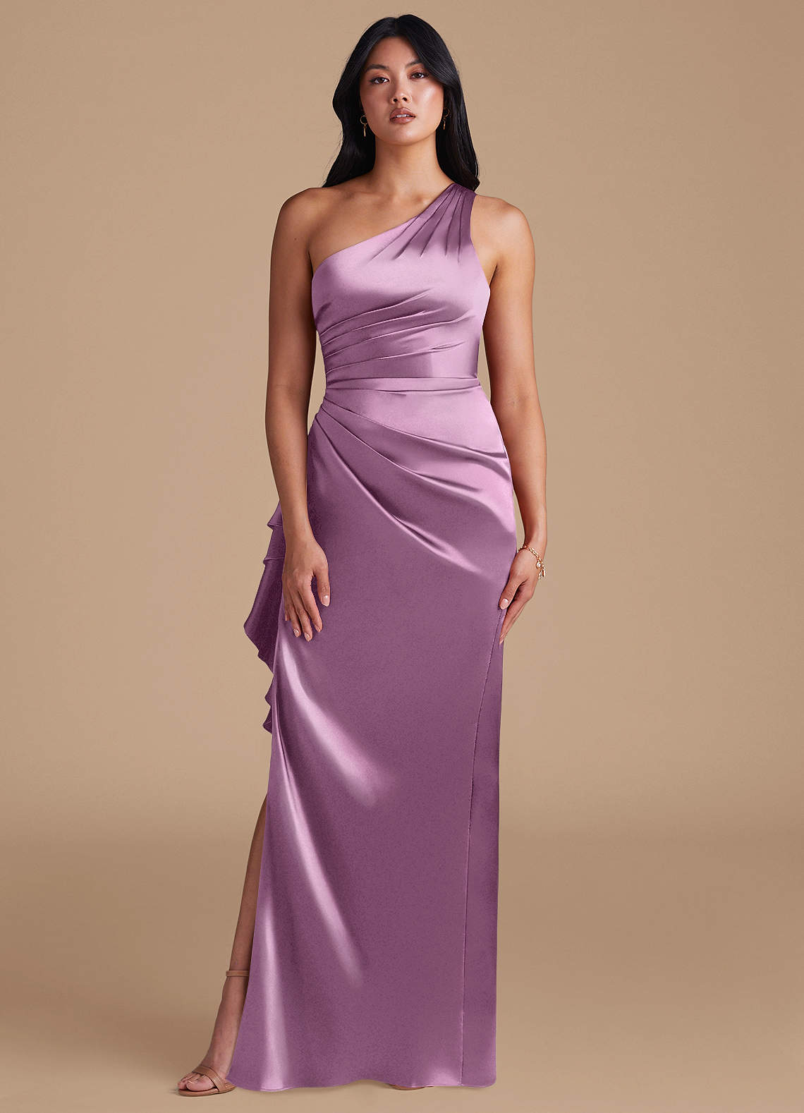 Latrice Sheath One-Shoulder Metallic Satin Bridesmaid Dress in Wisteria