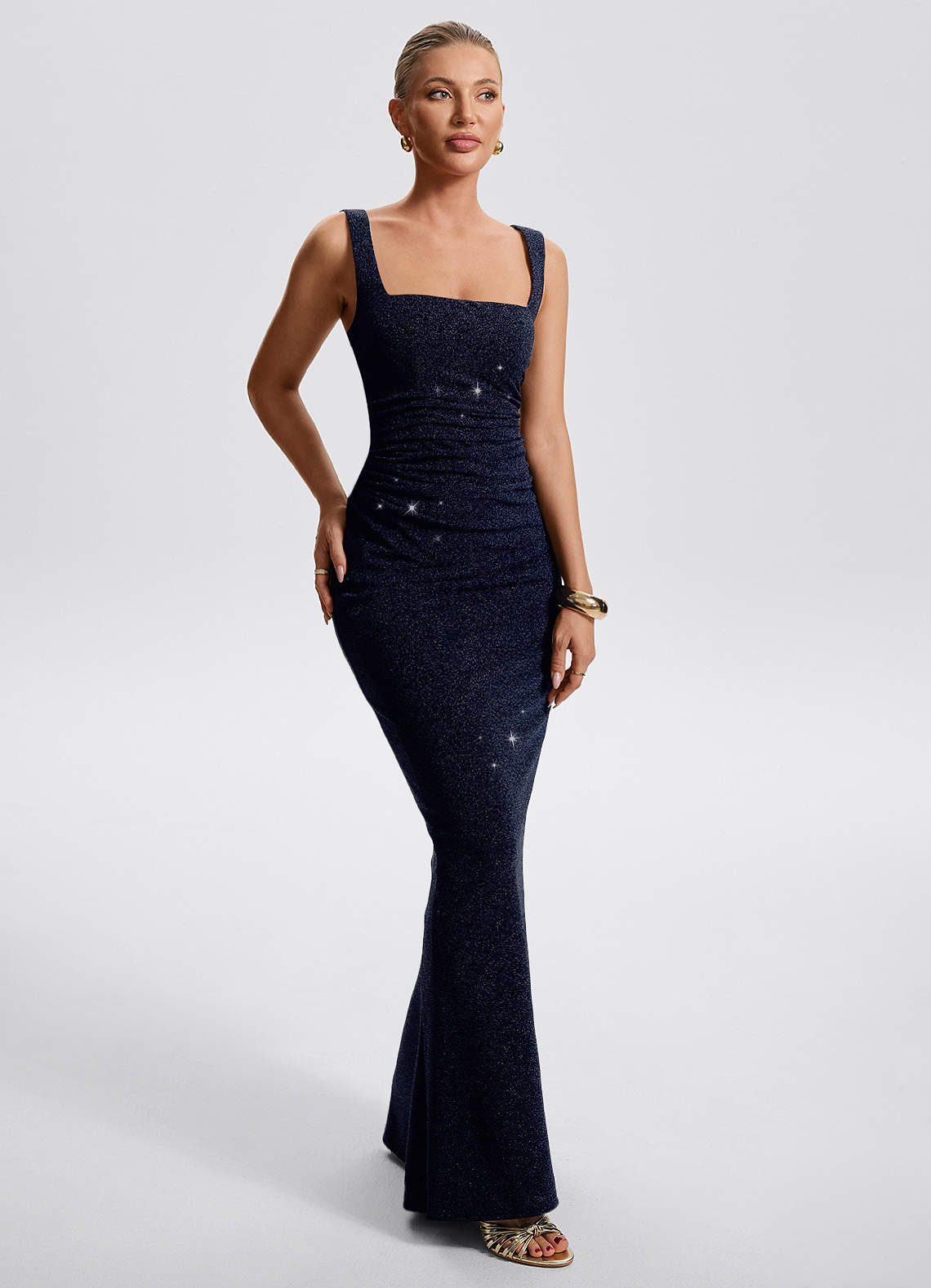 Eira Sheath Square-Neck Metallic Knit Evening Dress in Dark Navy