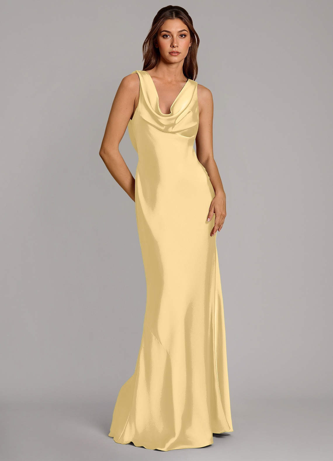 Cheryl Mermaid Cowl-Neck Stretch Satin Bridesmaid Dress in Butter