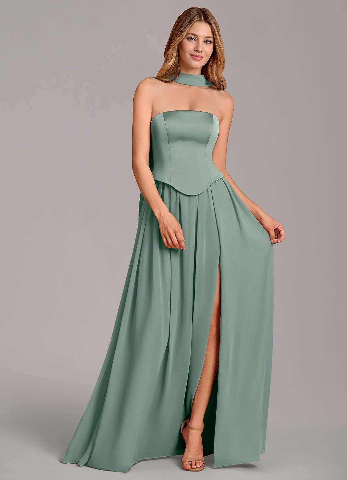 Cadence A-Line Strapless Chiffon and Stretch Satin Bridesmaid Dress in Silver Sage