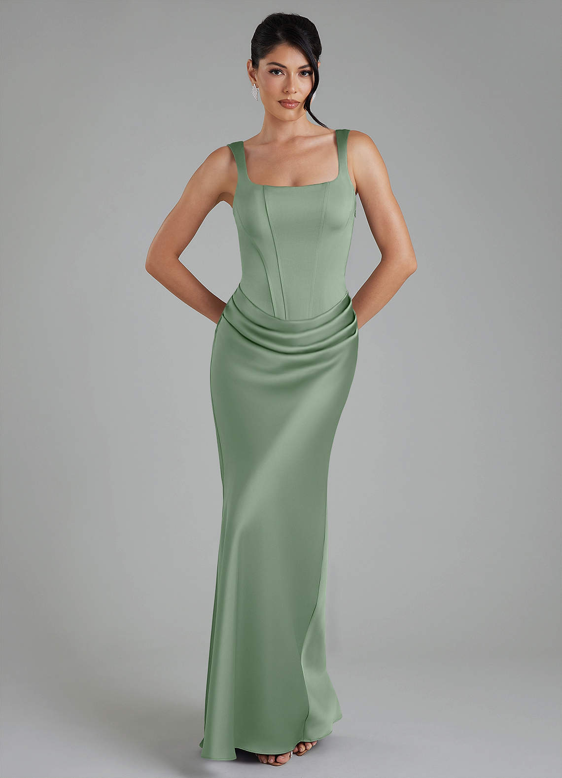 Etta Mermaid Square-Neck Stretch Satin Bridesmaid Dress in Matcha