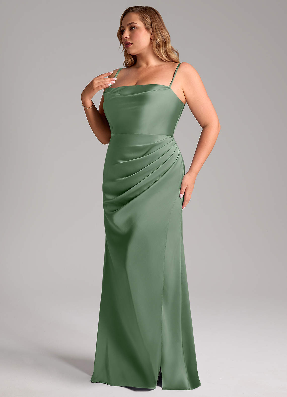 Leonis Mermaid Cowl-Neck Stretch Satin Bridesmaid Dress