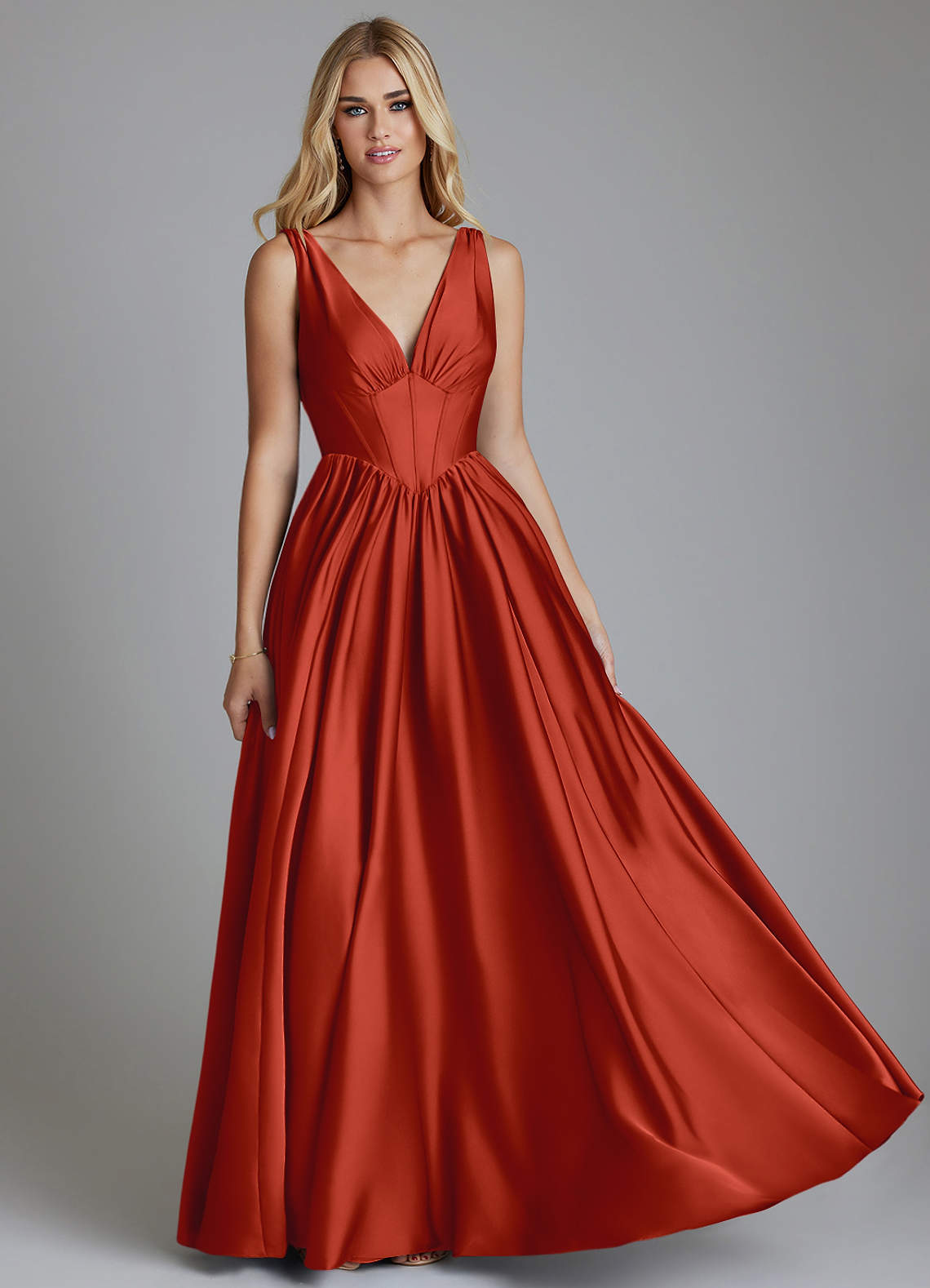 Delmie A-Line V-Neck Stretch Satin Bridesmaid Dress in Rust