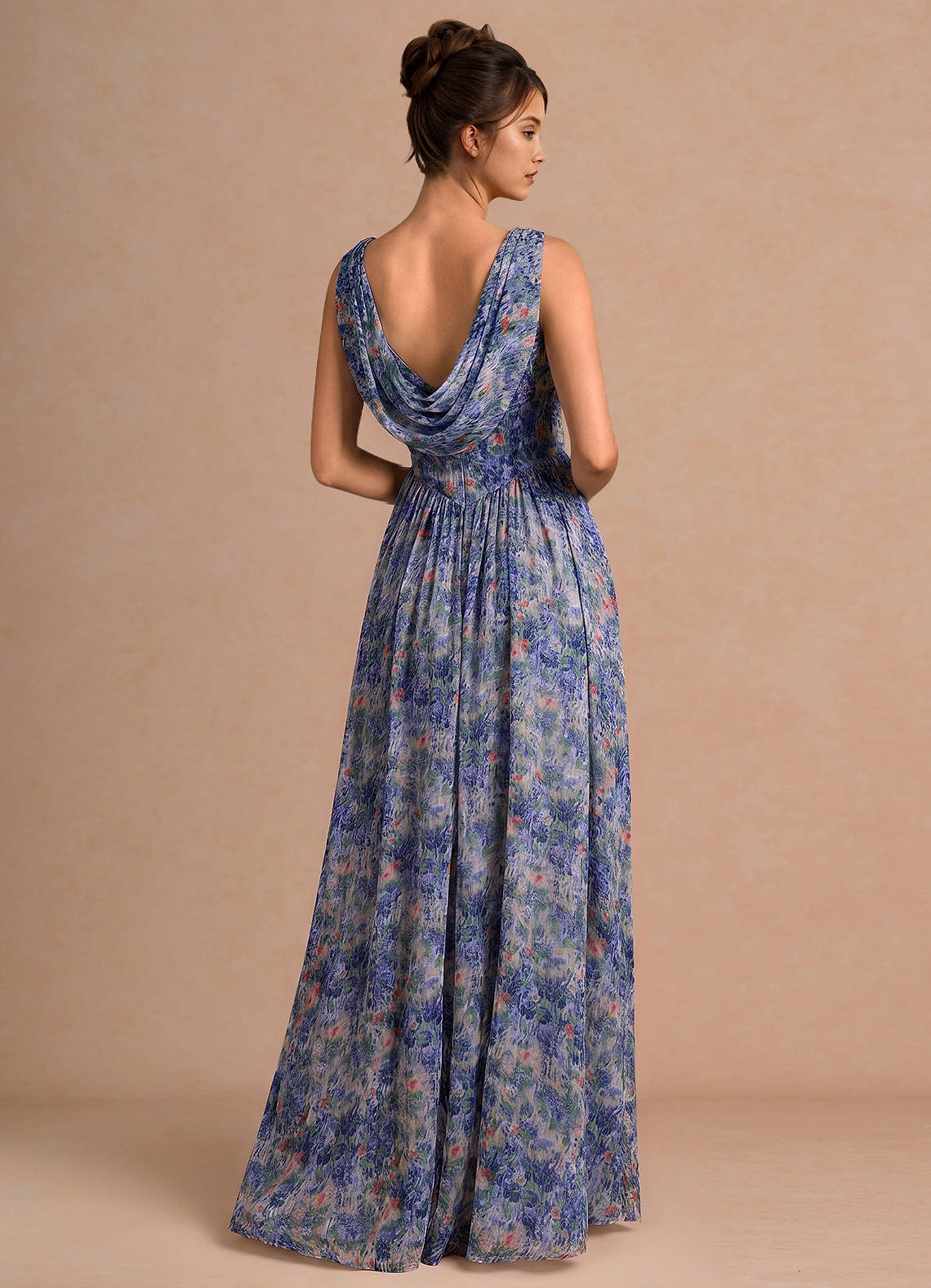 Aurore A-Line Cowl-Neck Chiffon Wedding Guest Dress in Lilac Floral