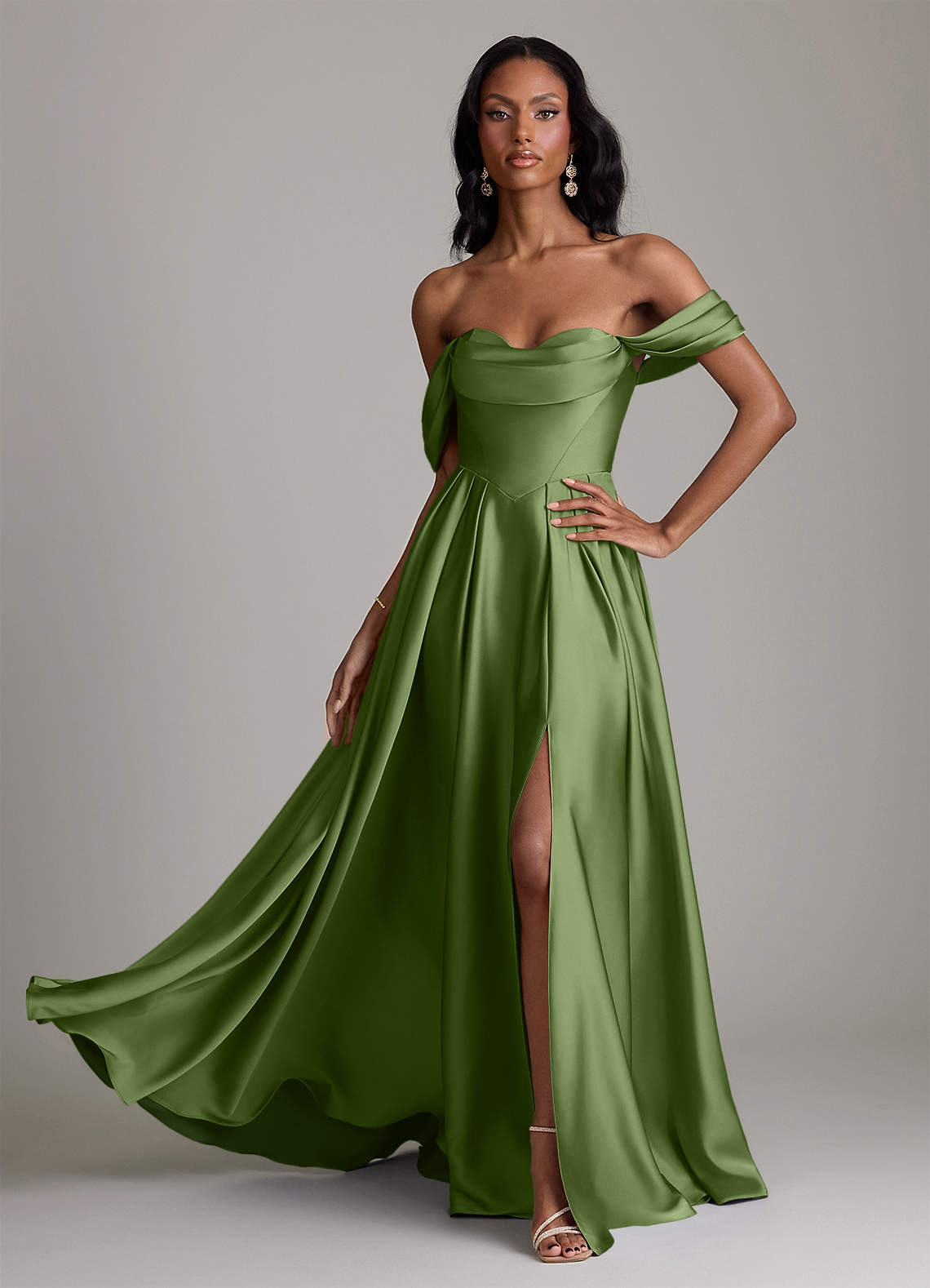 Loisa A-Line Off-the-Shoulder Stretch Satin Bridesmaid Dress in Juniper