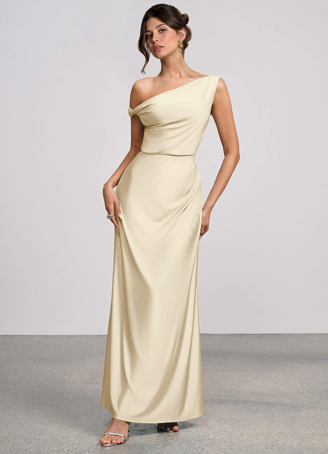 Elowen Mermaid One-Shoulder Glossy Knit Evening Dress in Champagne
