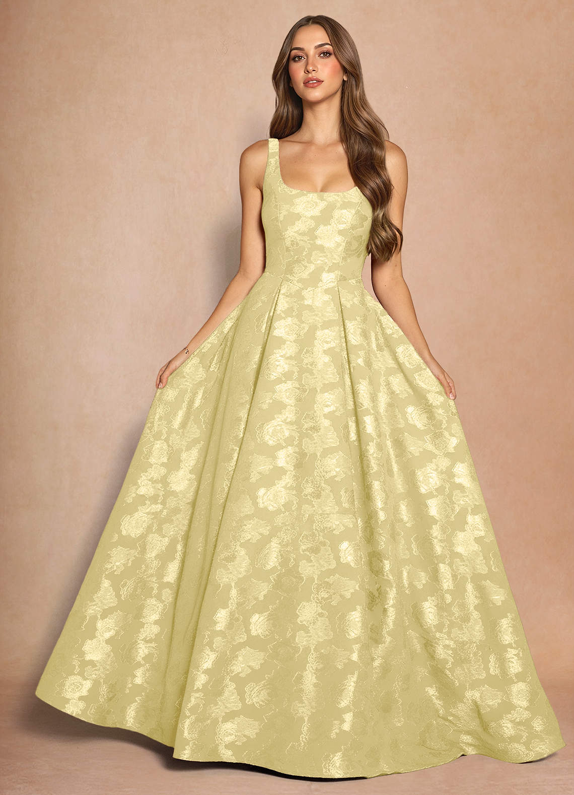 Briac A-Line Scoop-Neck Fil Coupé Evening Dress in Lemon Sorbet