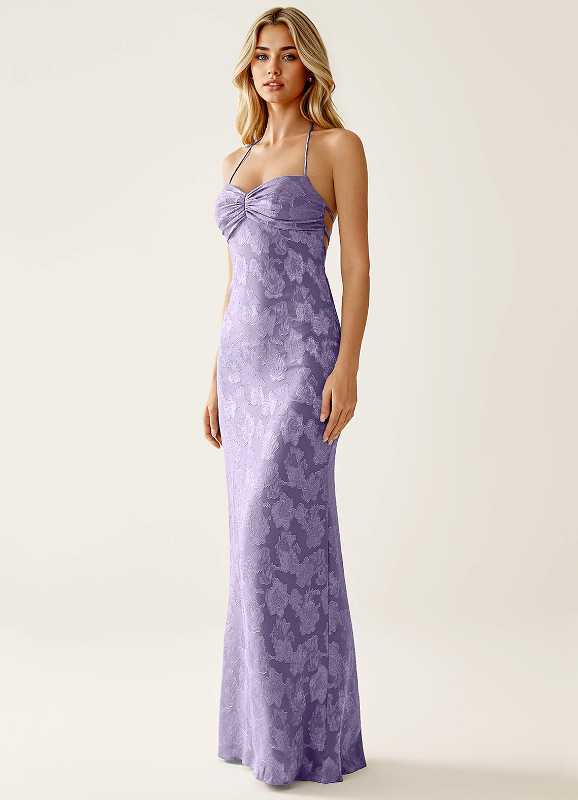Angena Sheath Halter Floral Burnout Evening Dress in Lilac