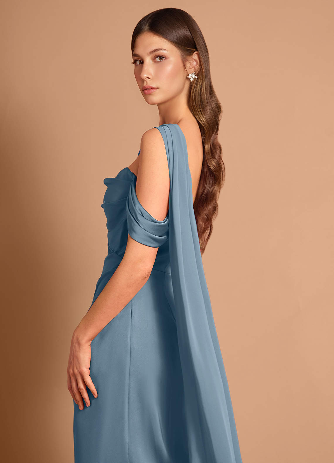 Meliora Asymmetric Strapless Chiffon-Drape Stretch Satin Evening Dress in Powder Blue