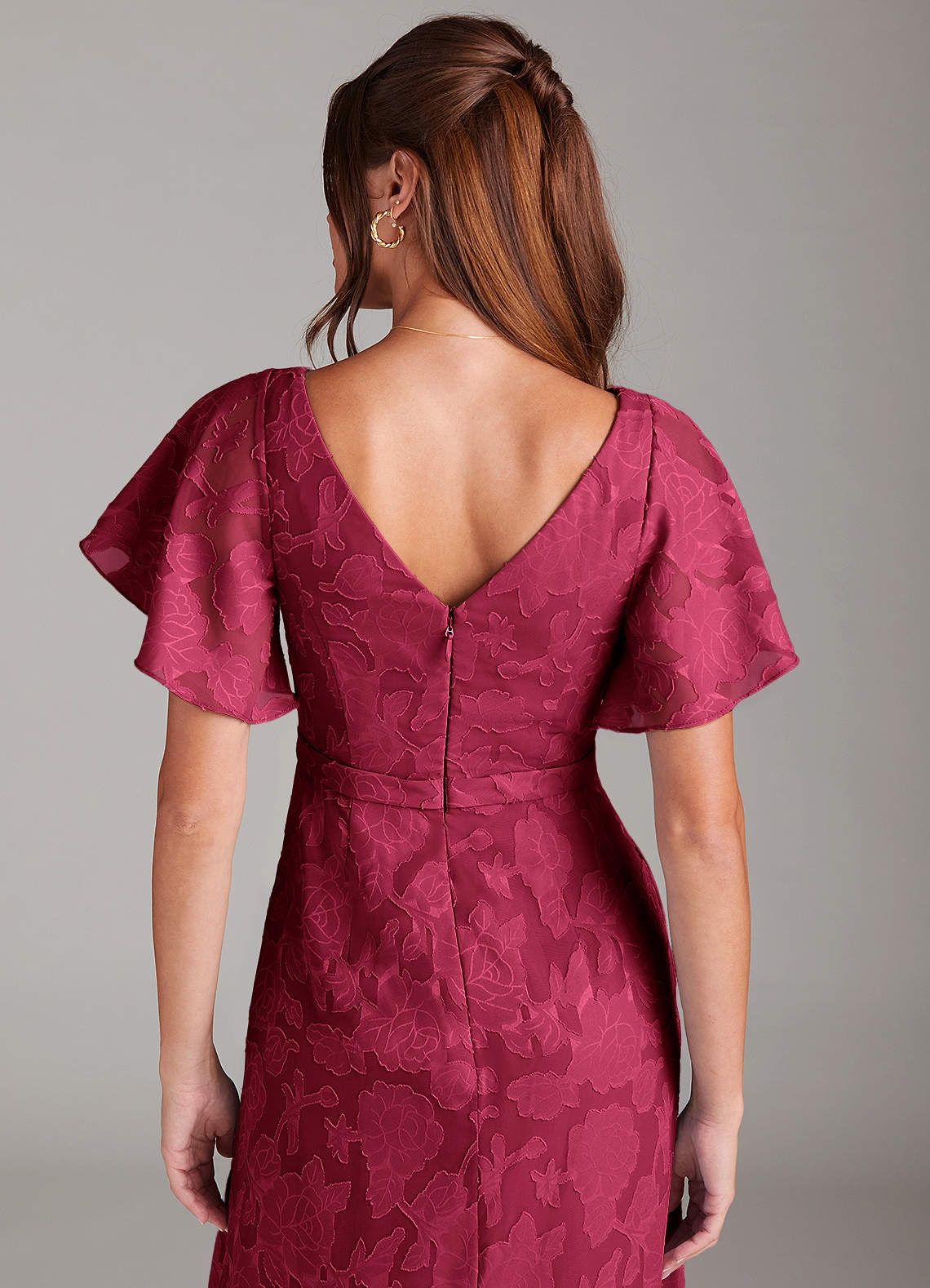Ambrosia A-Line V-Neck Floral Burnout Bridesmaid Dress in Burgundy