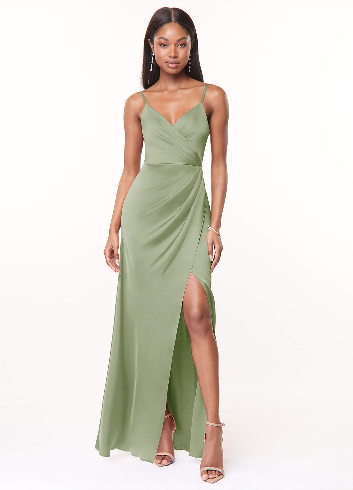 Maci A-Line V-Neck Stretch Satin Bridesmaid Dress in Dusty Sage