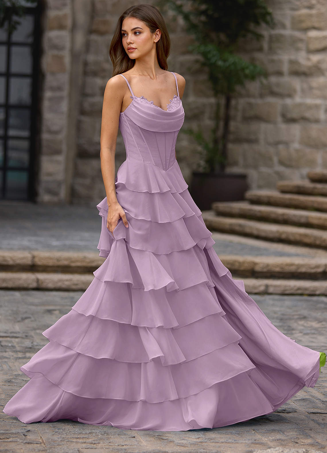 Floralace A-Line Ruffle Chiffon Evening Dress in Wisteria