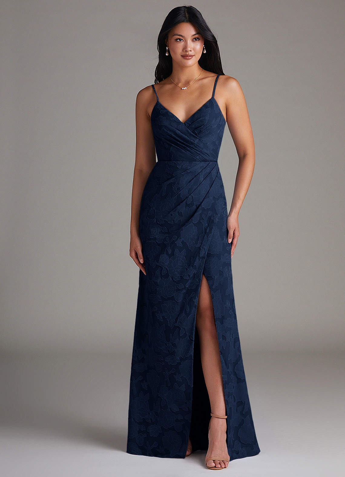 Maci Sheath V-Neck Floral Burnout Bridesmaid Dress in Dark Navy