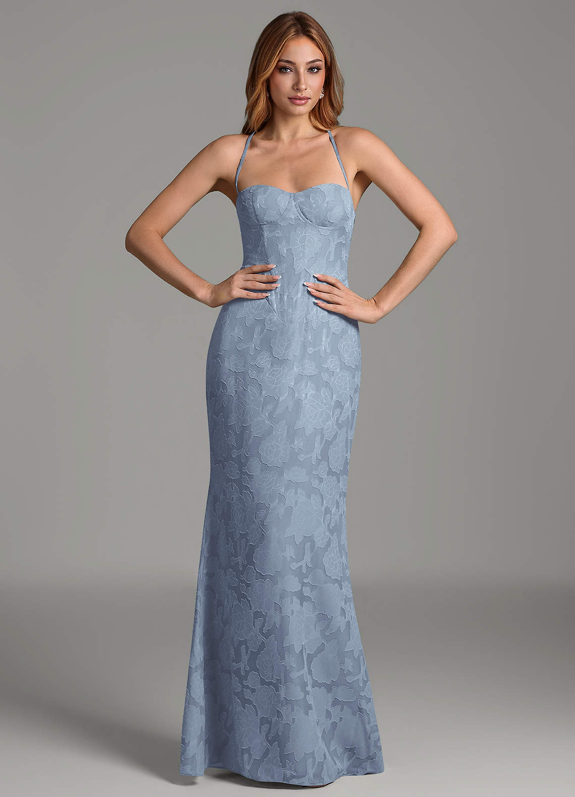 Dara Mermaid Sweetheart Floral Burnout Bridesmaid Dress in dusty blue
