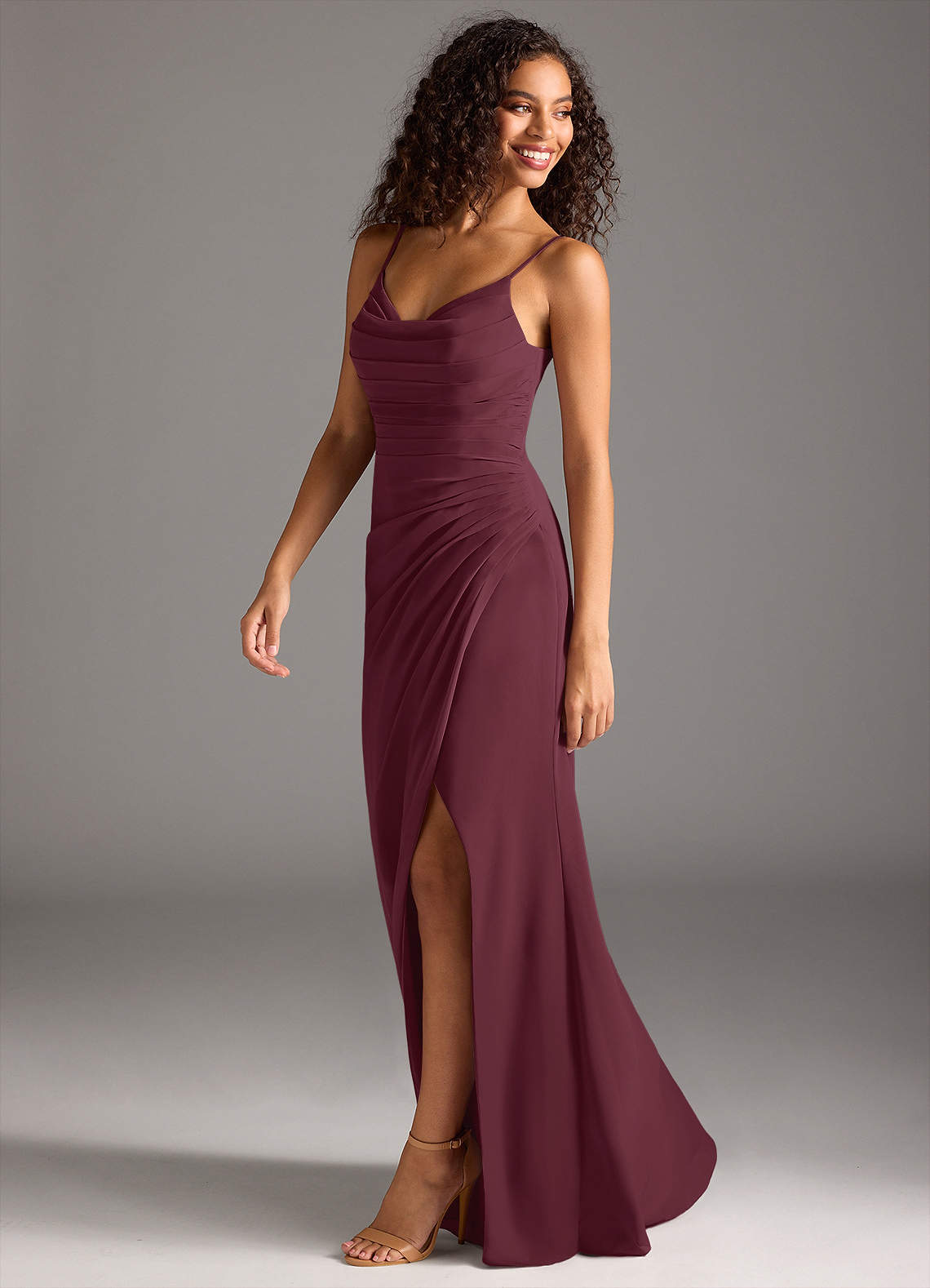 Deandra Mermaid Cowl-Neck Chiffon Bridesmaid Dress in Cabernet