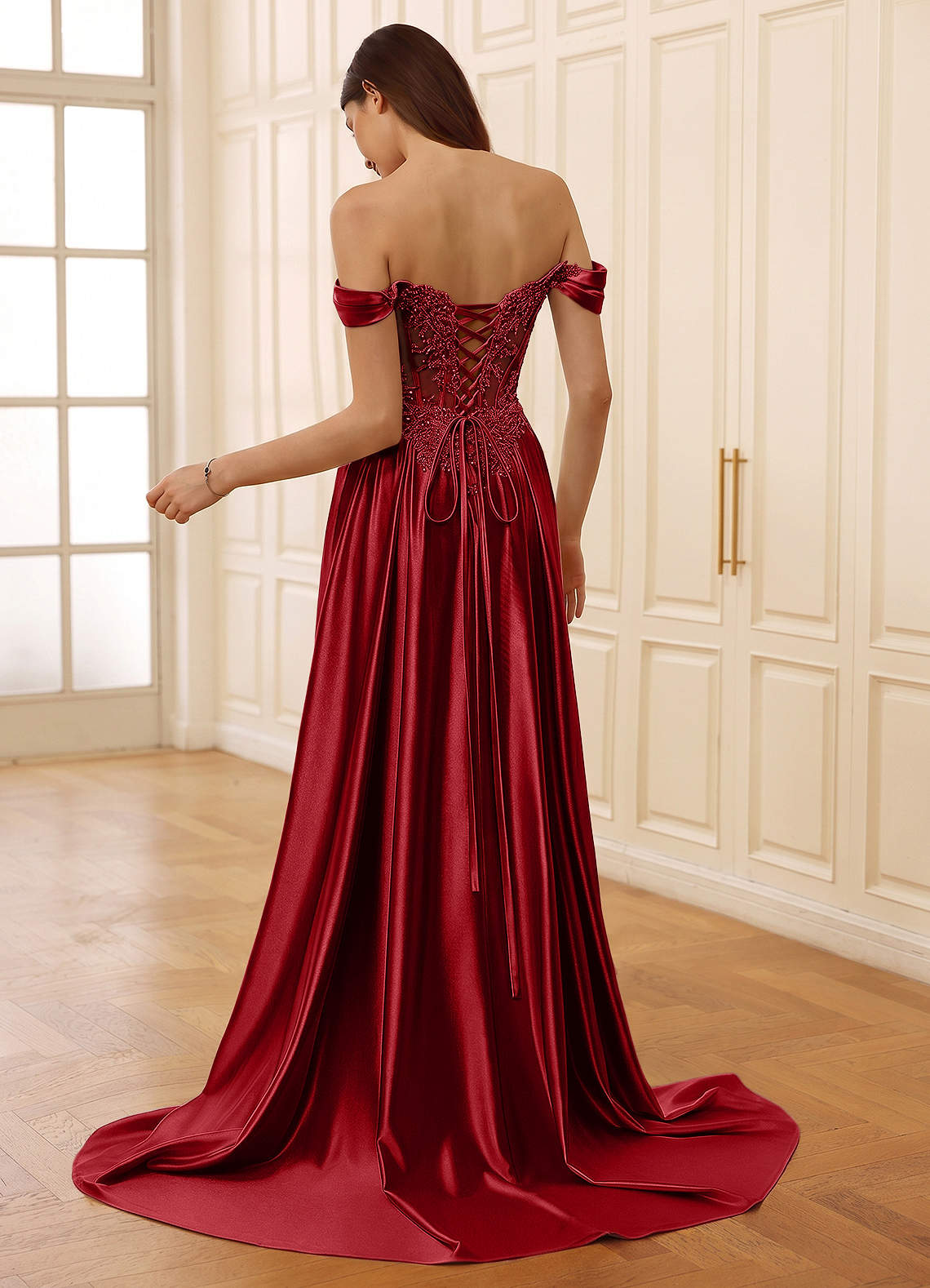 Rowane A-Line Off-the-Shoulder Satin Evening Dress in Red