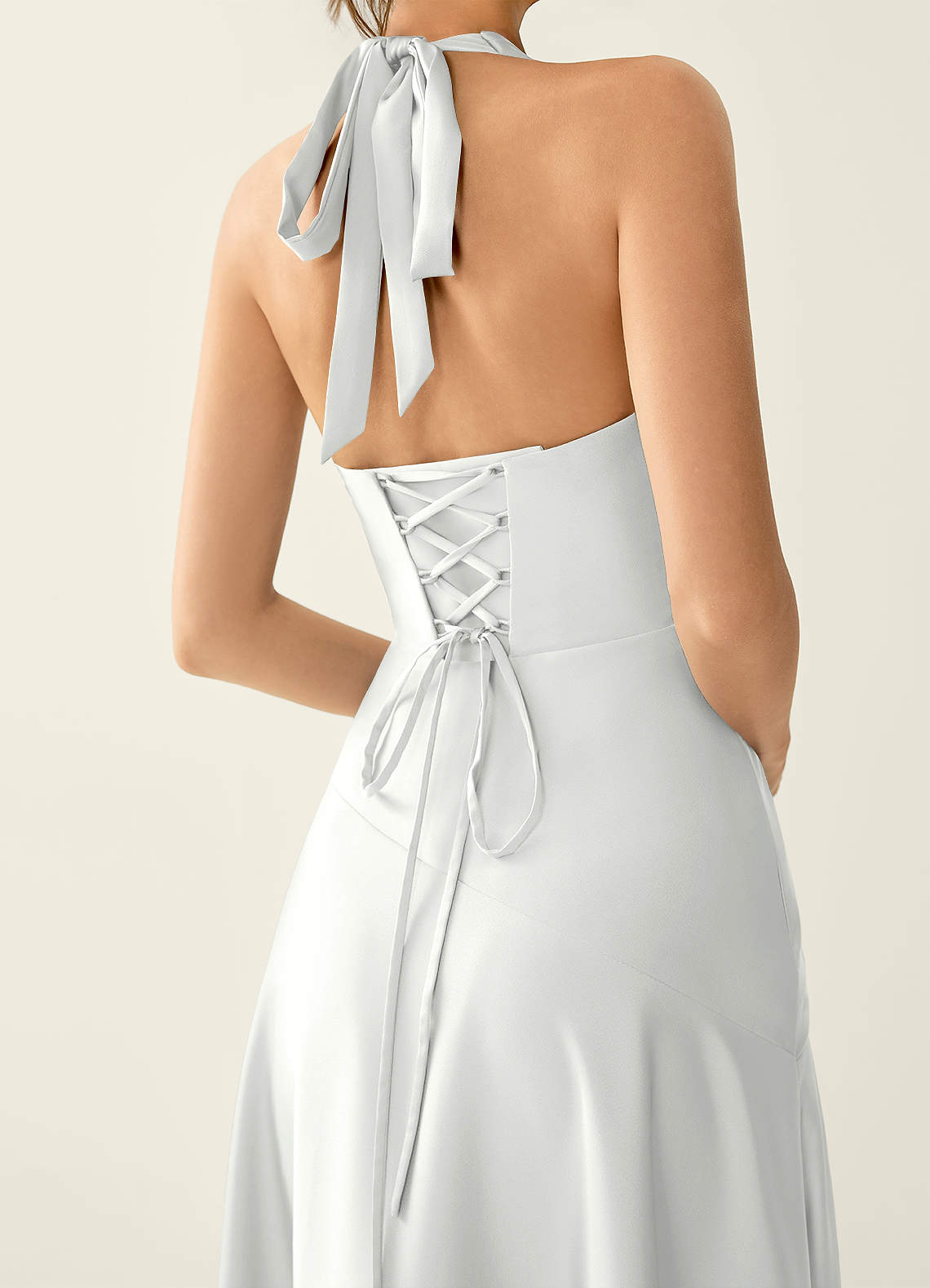 Titania Halter Asymmetric-Ruffle Satin Evening Dress in White