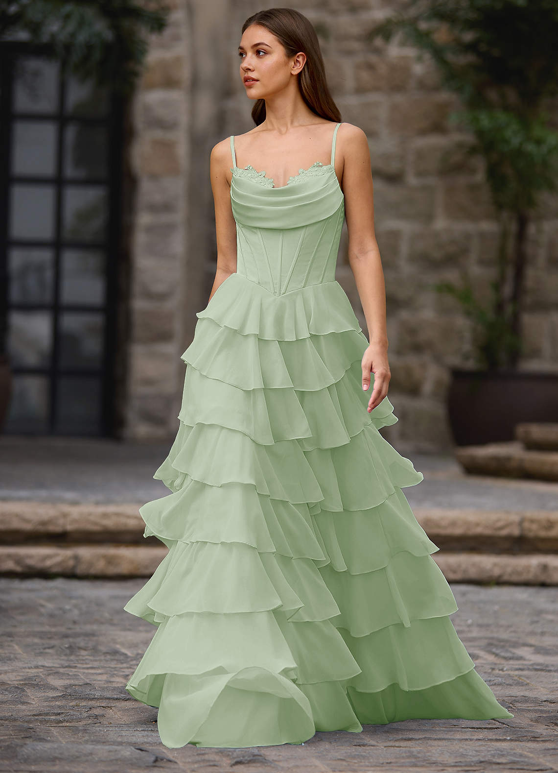 Floralace A-Line Ruffle Chiffon Evening Dress in Light Green
