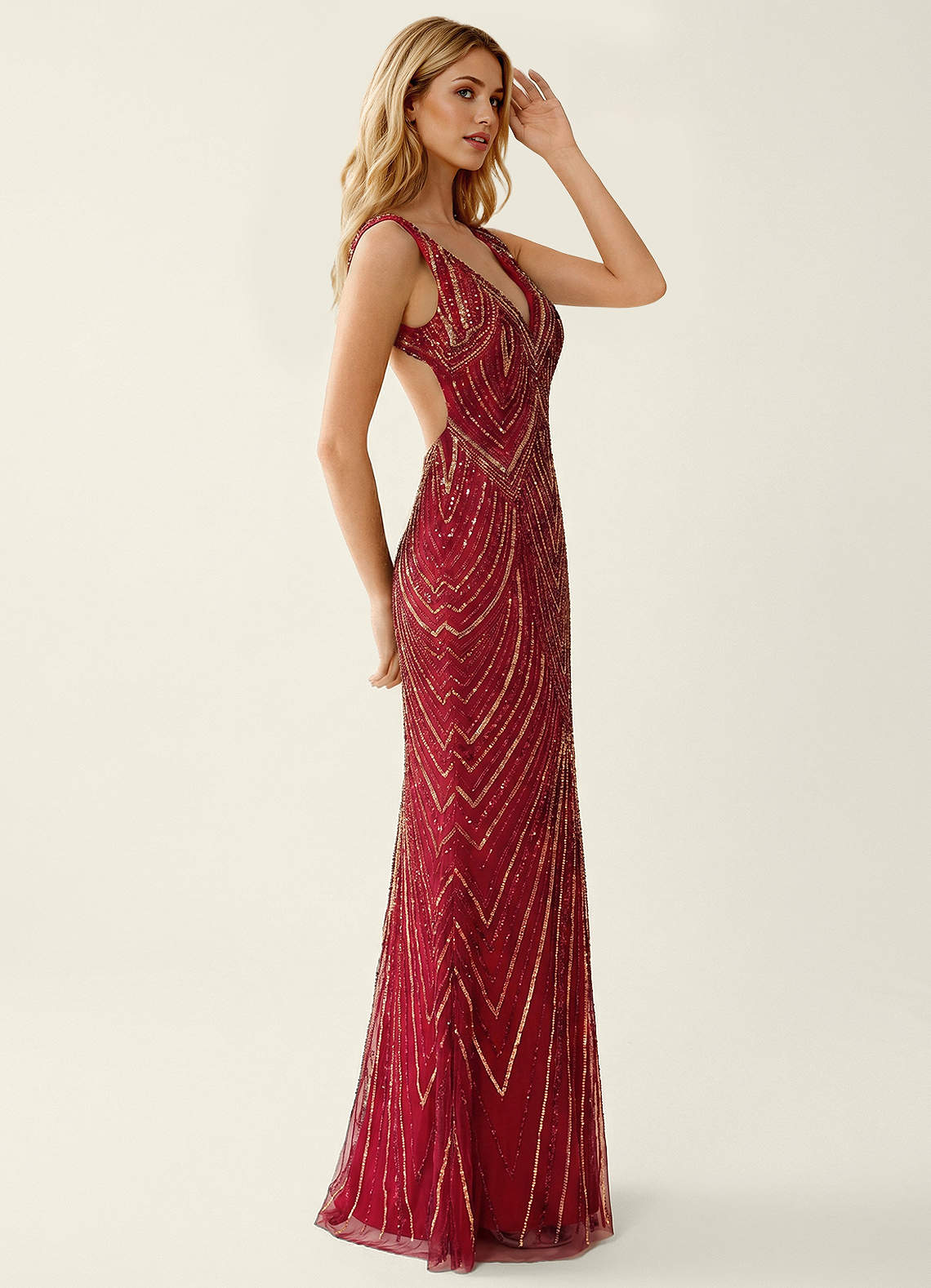 Hazelen Plunging V-Neck Chevron Sequin Tulle Evening Dress in Burgundy