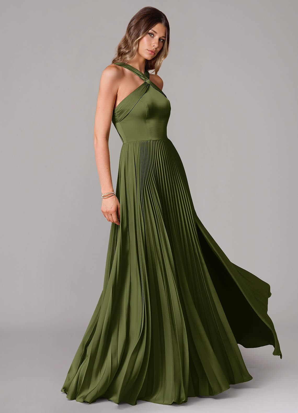 Afra A-Line Halter-Neck Stretch Satin Bridesmaid Dress in Olive