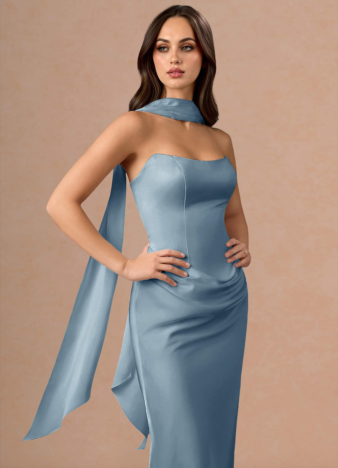 Valencia Scarf Lace-Up Stretch Satin Evening Dress in Dusty Blue