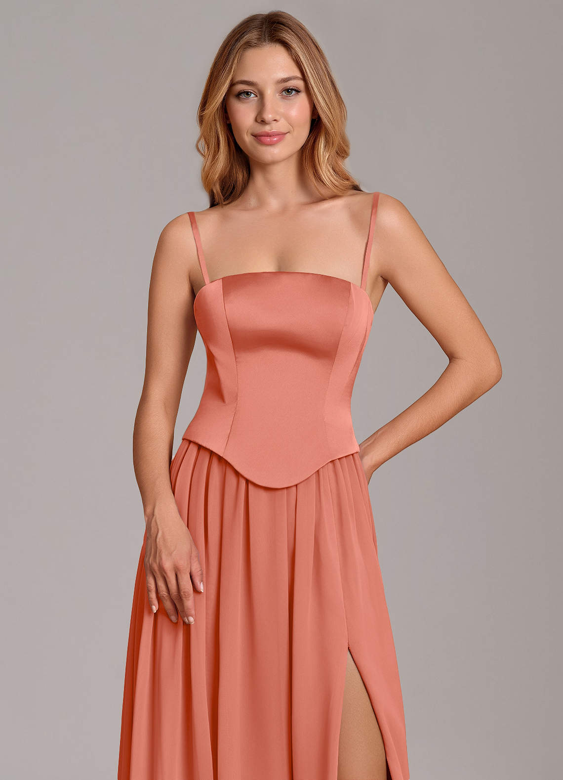 Cadence A-Line Strapless Chiffon and Stretch Satin Bridesmaid Dress in Salmon Pink