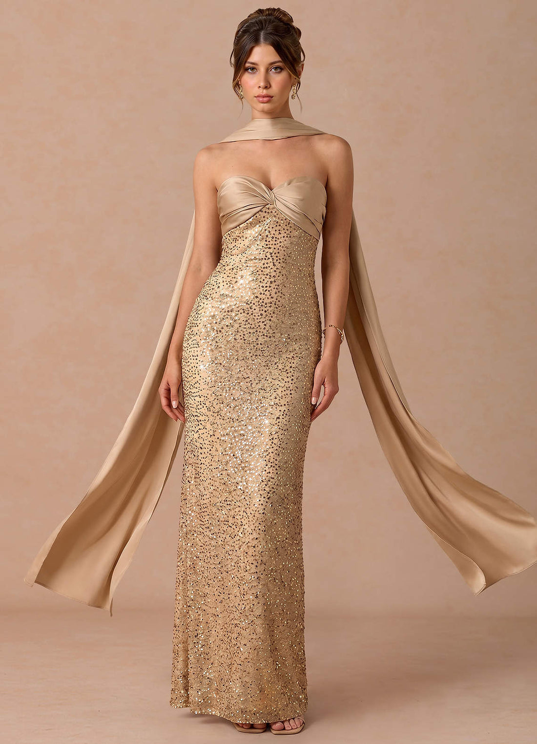 Serelle A-Line Sweetheart Sequin Satin Evening Dress in Gold Champagne