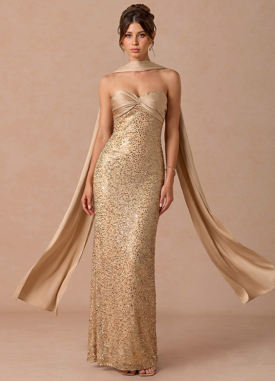 Serelle A-Line Sweetheart Sequin Satin Evening Dress in Gold Champagne