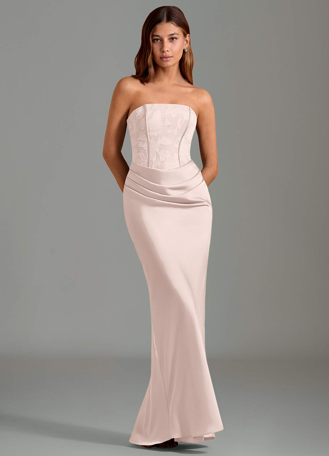 Emilia Mermaid Strapless Stretch Satin and Floral Burnout Bridesmaid Dress in Blushing Pink
