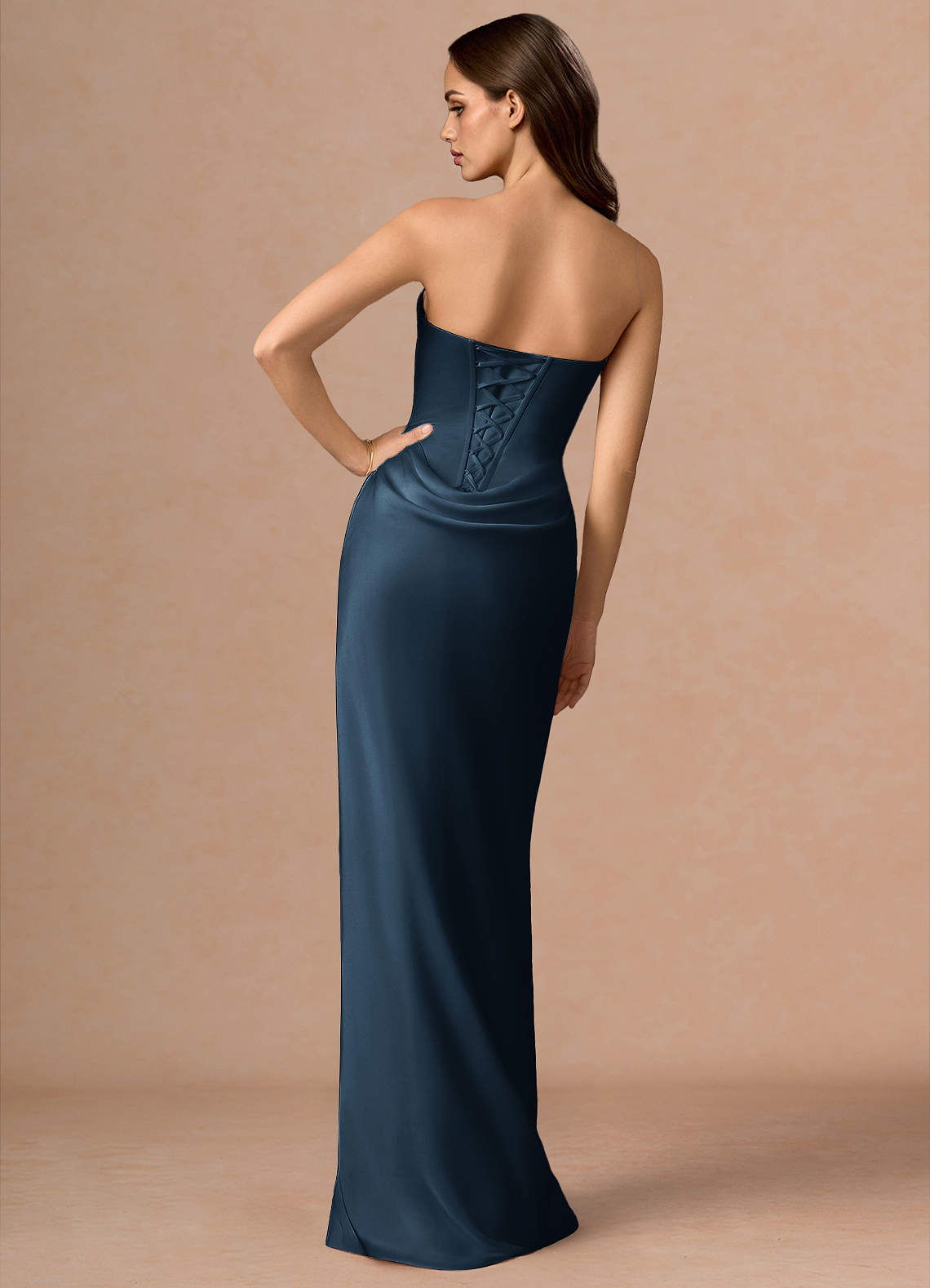 Valencia Scarf Lace-Up Stretch Satin Evening Dress in Navy