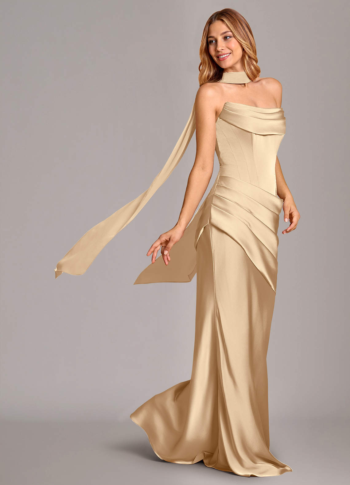 Pelagia Mermaid Cowl-Neck Stretch Satin Bridesmaid Dress in Champagne