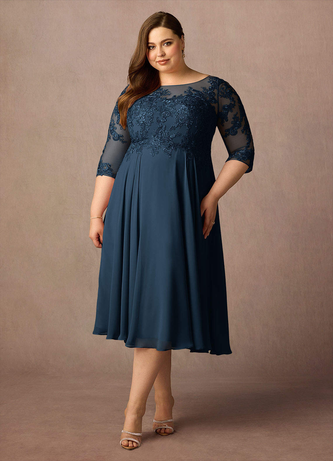 Marge A-Line Scoop-Neck Chiffon and Lace Mother of the Bride Dress in Dark Navy
