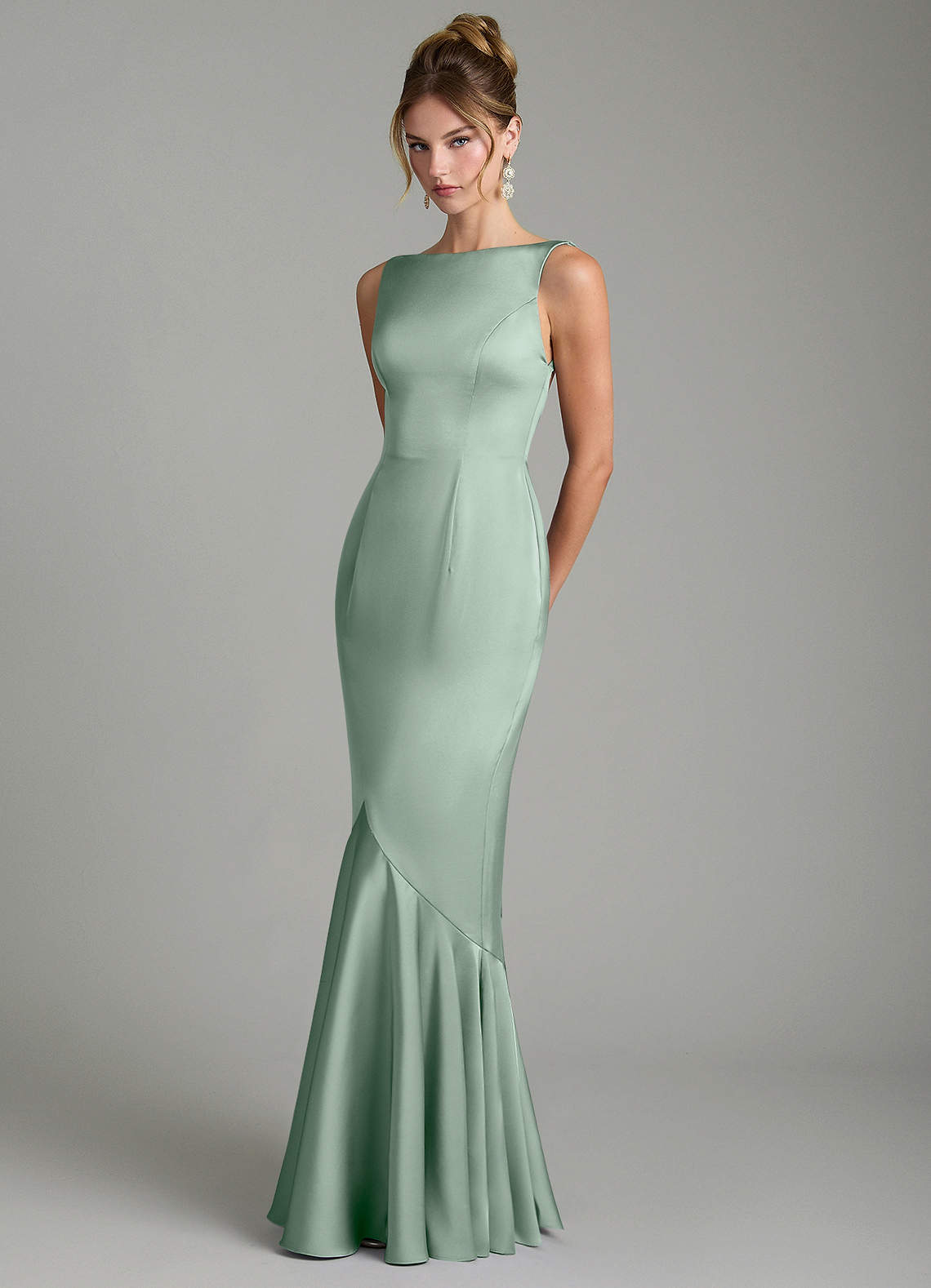 Tamera Mermaid Boat-Neck Stretch Satin and Chiffon Bridesmaid Dress in Agave