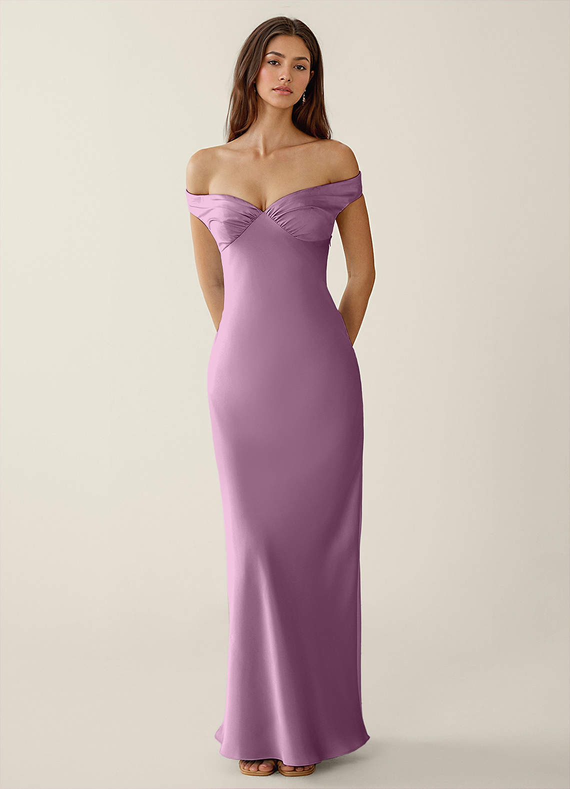 Gwendonme Sheath Off-the-Shoulder Satin Crystal Linen Evening Dress in Wisteria