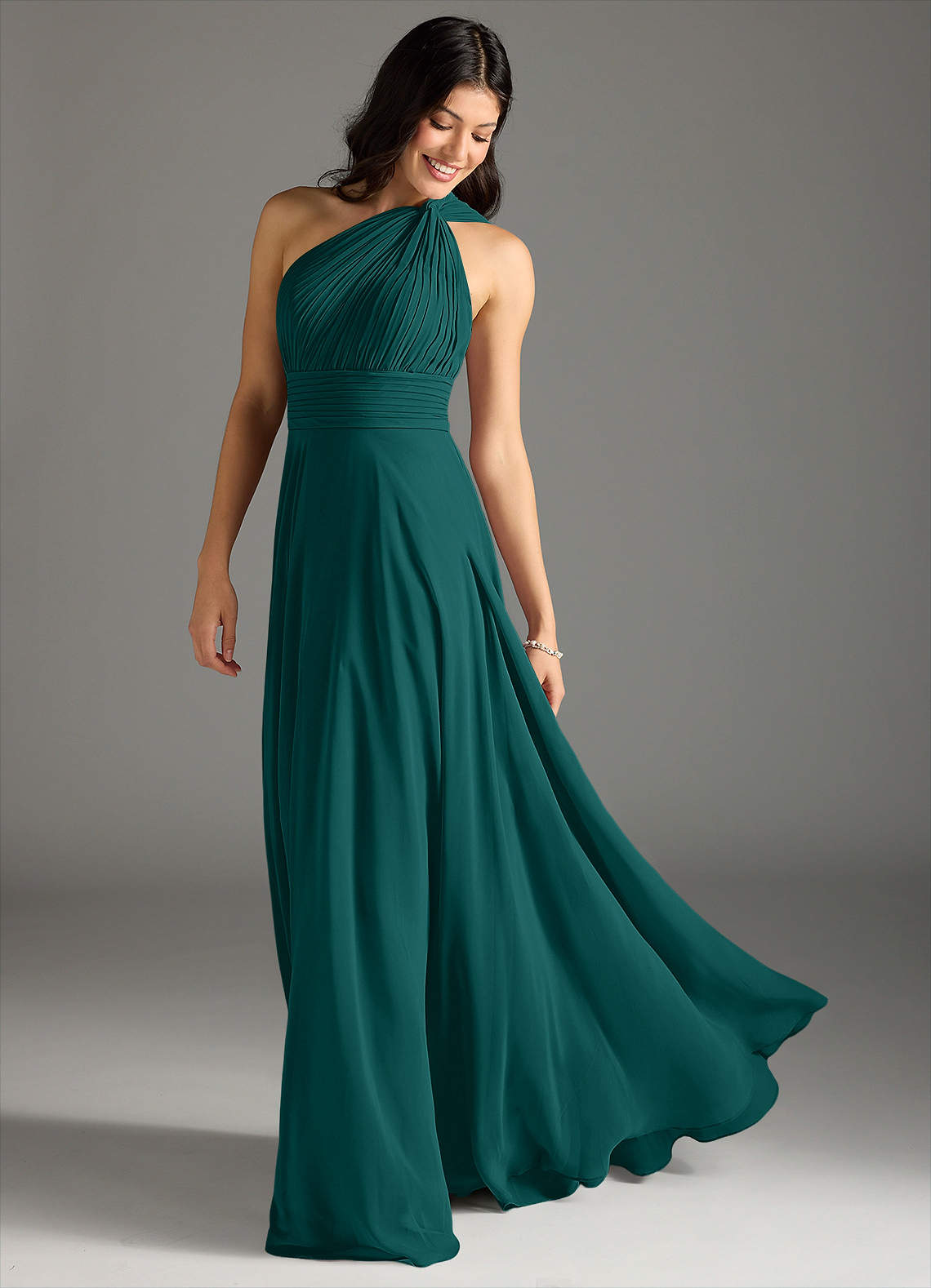 Charlize A-Line One-Shoulder Chiffon Bridesmaid Dress in Peacock