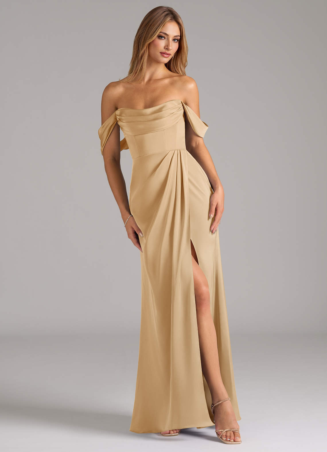 Johana Mermaid Off-the-Shoulder Stretch Satin Bridesmaid Dress in Gold