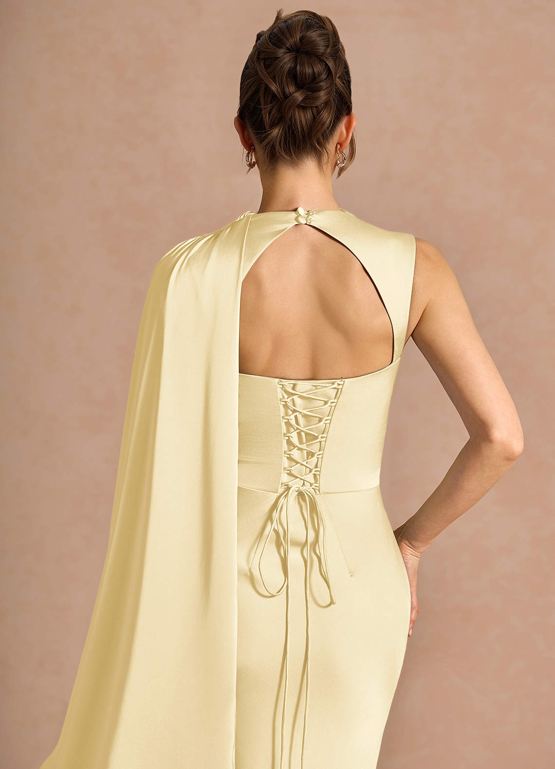 Chesney Cape-Sleeve Pleated Stretch Satin Wedding Guest Dress in Butter Yellow