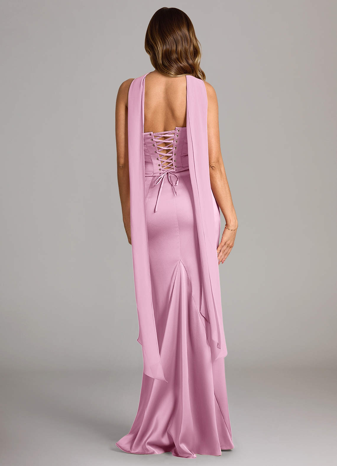 Sorrel Mermaid Cowl-Neck Stretch Satin and Chiffon Bridesmaid Dress in candy pink