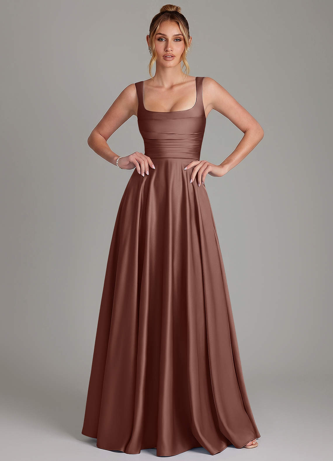 Azaria A-Line Square-Neck Stretch Satin Bridesmaid Dress in Espresso