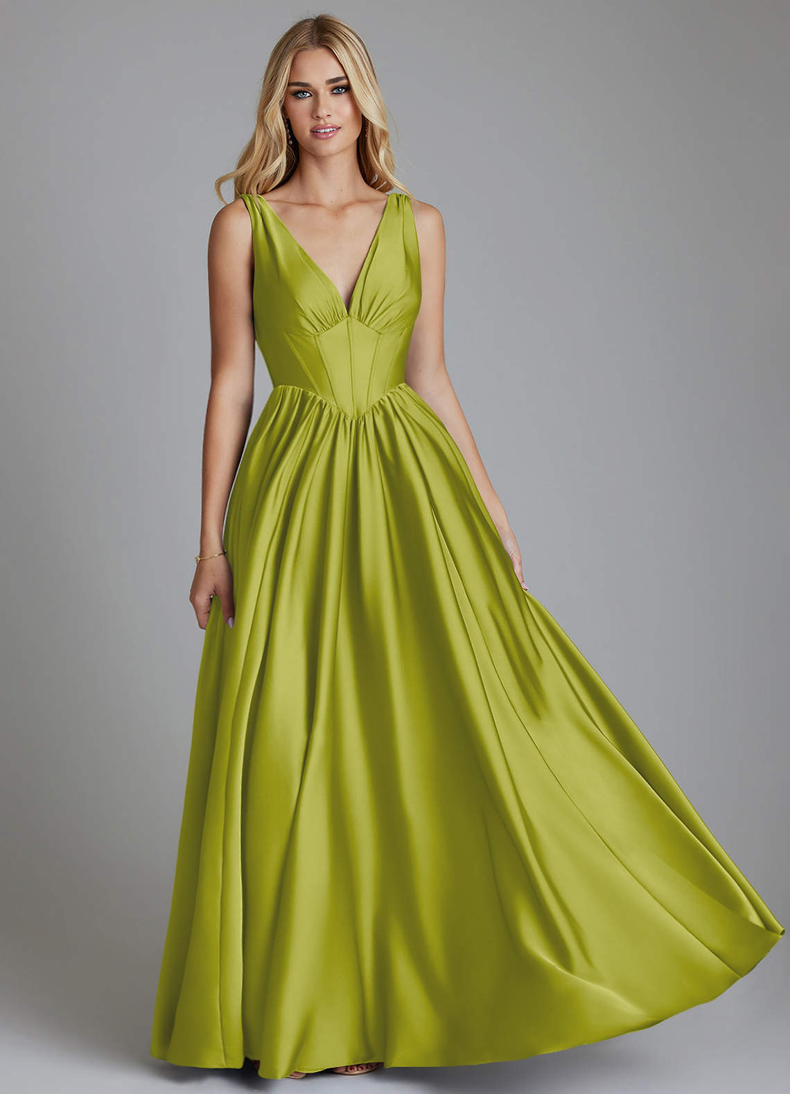 Delmie A-Line V-Neck Stretch Satin Bridesmaid Dress in Lemongrass