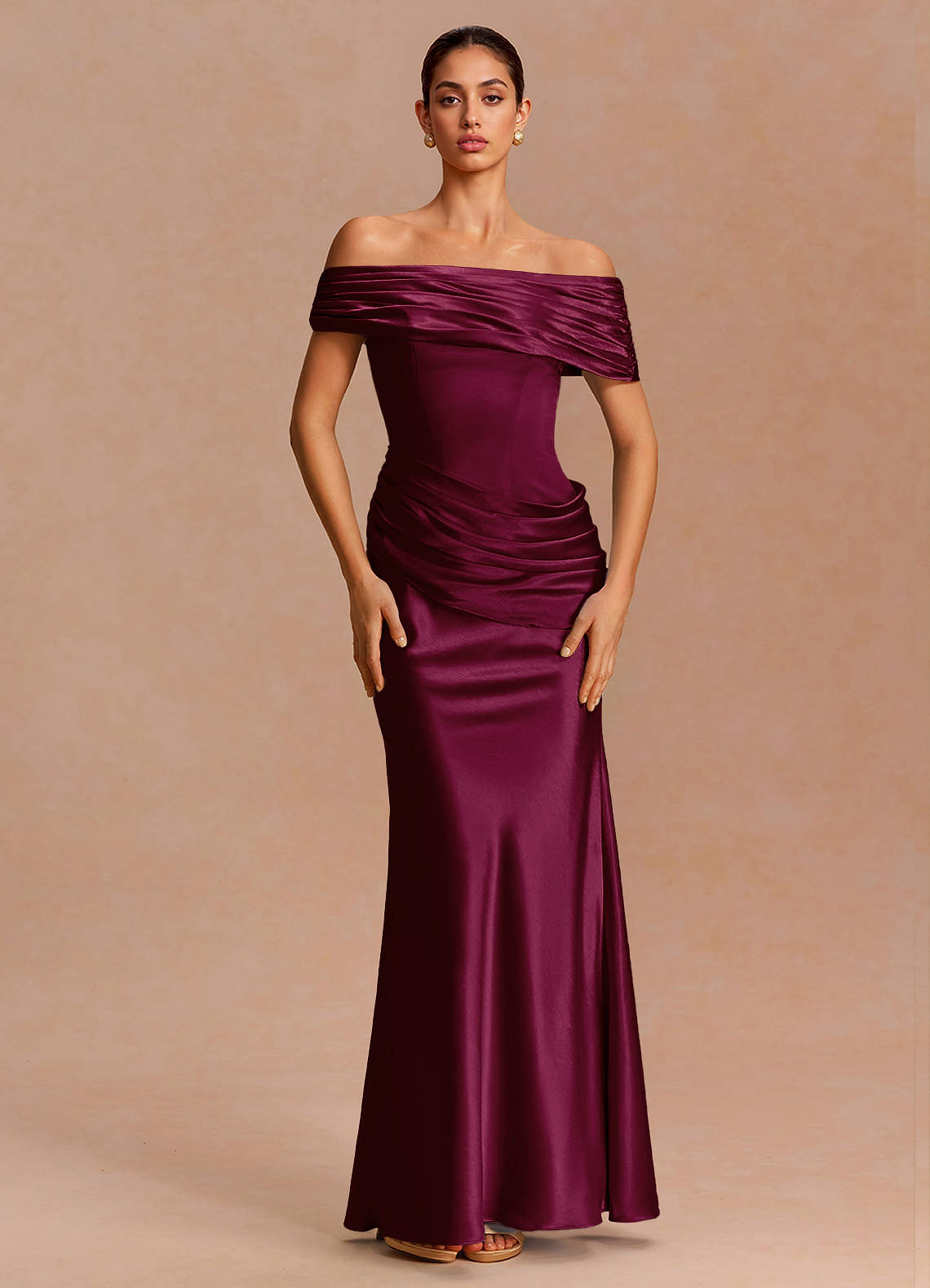 Leonie Strapless Draped-Shoulder Satin Evening Dress in White