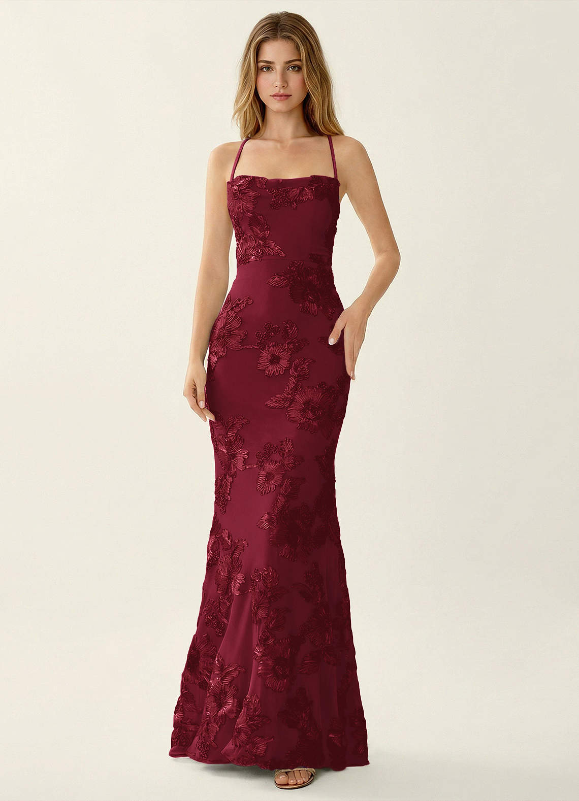 Kailani Mermaid Spaghetti-Strap Lace Evening Dress in Pale Purple