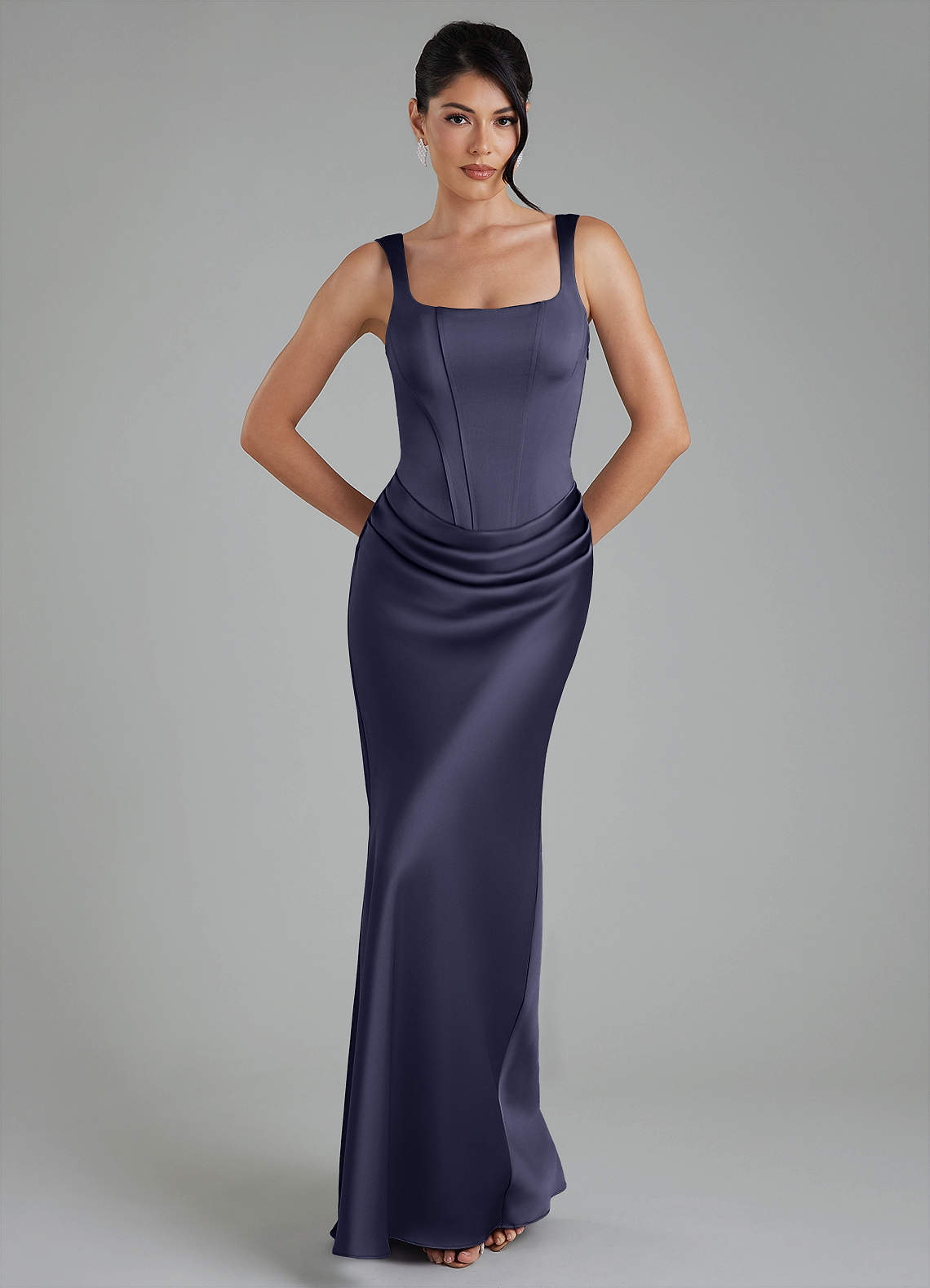 Etta Mermaid Square-Neck Stretch Satin Bridesmaid Dress in Stormy