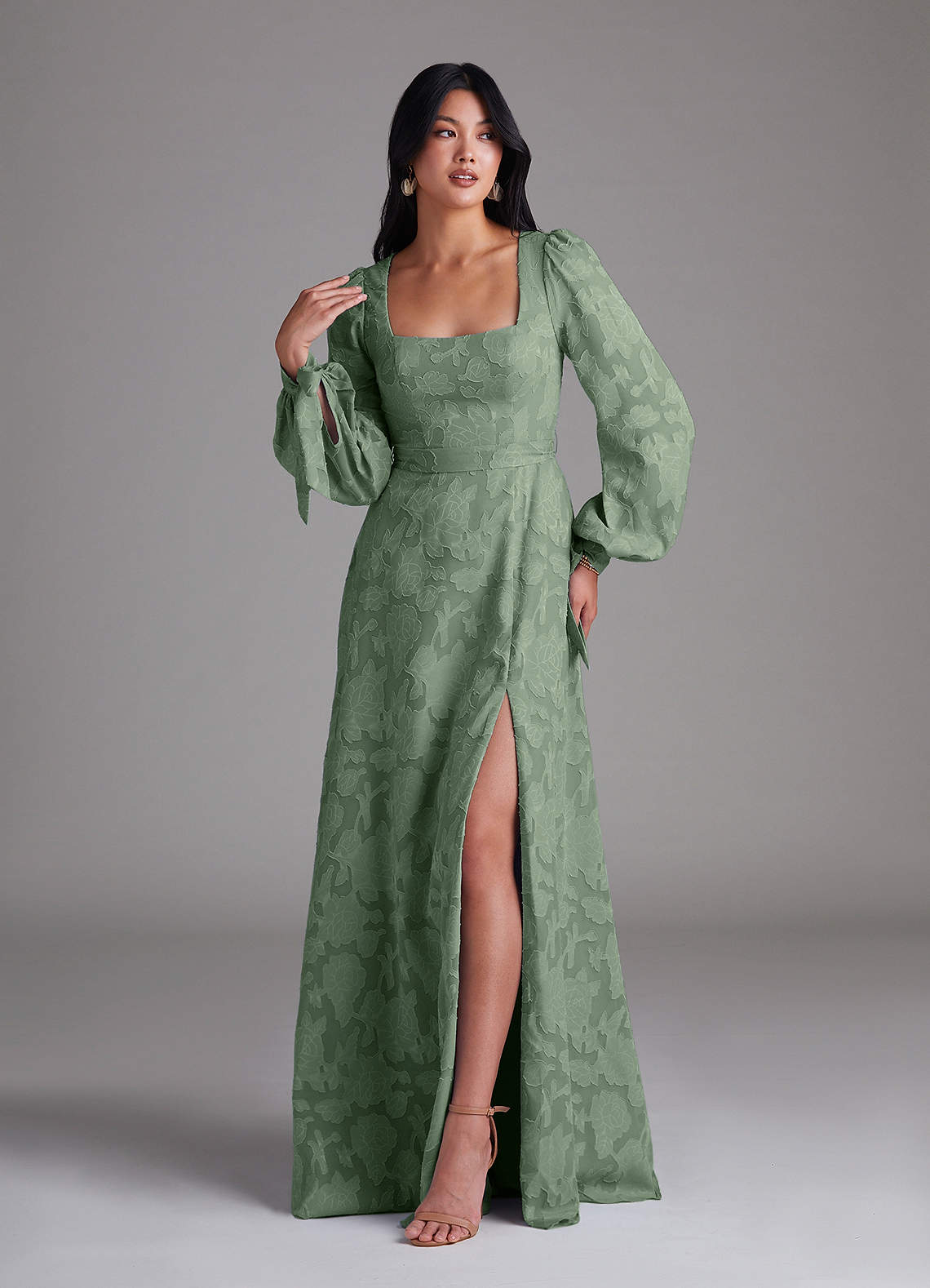 Leonia A-Line Square-Neck Stretch Satin Bridesmaid Dress in Matcha