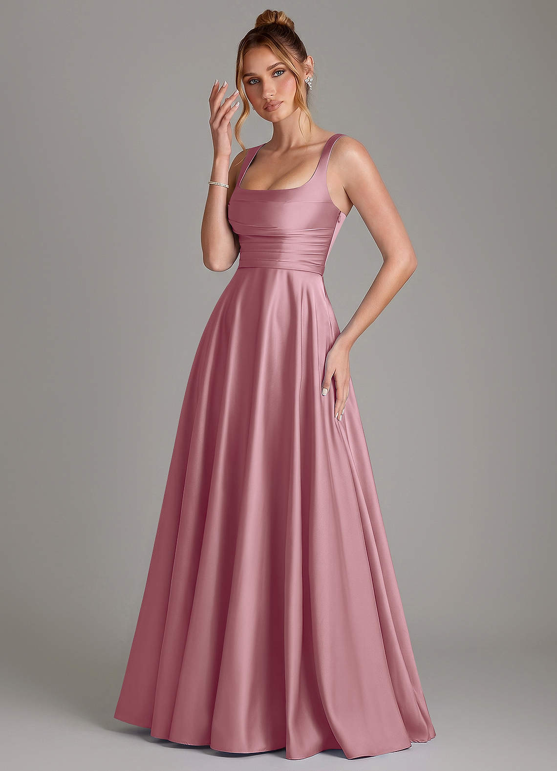 Azaria A-Line Square-Neck Stretch Satin Bridesmaid Dress in Vintage Mauve